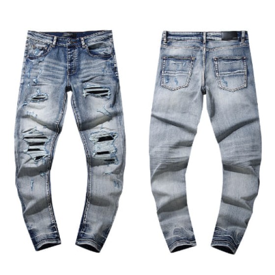 Light Blue Washed Denim Jeans with Multi-Layer Ripped Details